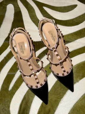 Valentino Two-Tone Rockstud Pointed-Toe Slingbacks in Pink and Black